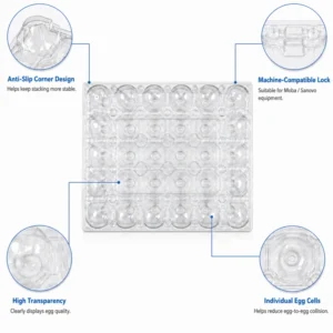 30 Count Food Grade PET Plastic Egg Tray Separate Lid Bottom Stackable Packaging Tray for Farms Supermarkets OEM