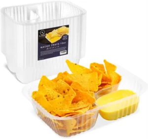 6×5 Inches Nacho Trays Disposable 2 Compartments Clear Plastic Nacho Containers with Chip and Dip Holder