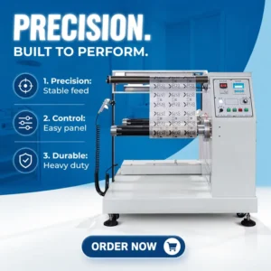 Edge guiding Rewinder Equipped with Slitting Capabilities Specifically Designed for the Reprocessing of Plastic Film Rolls