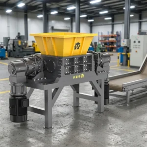 Industrial Double Shaft Shredder with Hardened Blades for Film Woven Bags Fabrics Jumbo Sacks Paper Pallets Nylon PVC Pipes