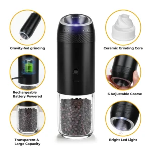 One Hand Operation Gravity Type C Eco friendly USB Powered Electric Pepper Salt Grinder Rechargeable Plastic for Outdoor BBQ