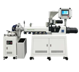 Twin Screw Extrusion Pelletizing Unit Hot cutting 1 Year Warranty PE PP 3 30kg h Output Motor 2.2 4KW Power 380V PLC