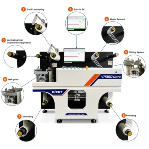 Vicut Roll to Roll 10 Meters Per Minute Digital Label Sticker Die Cutting Machine with Lamination and Slitting